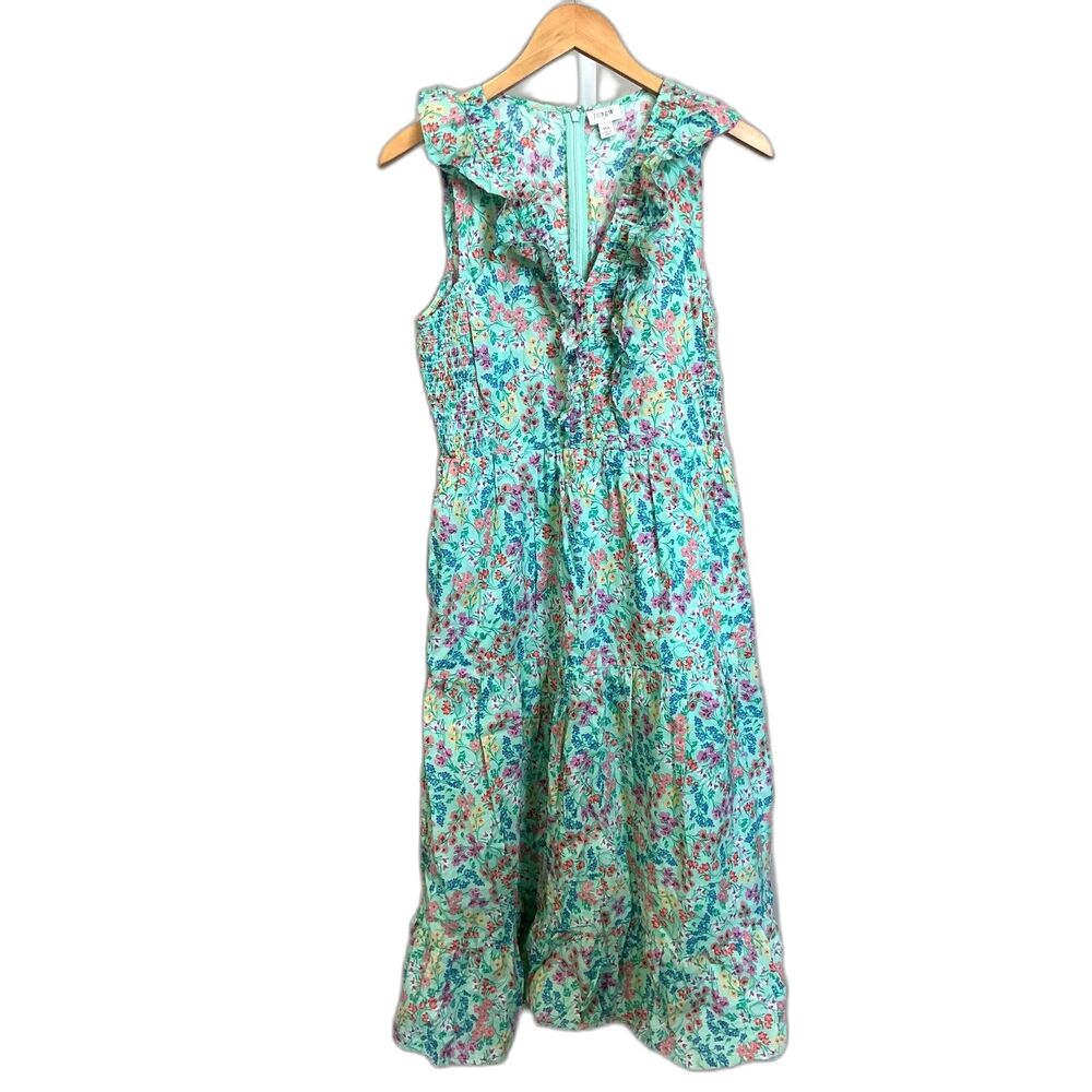 J. Crew Factory Aqua Floral Ruffle Midi Dress